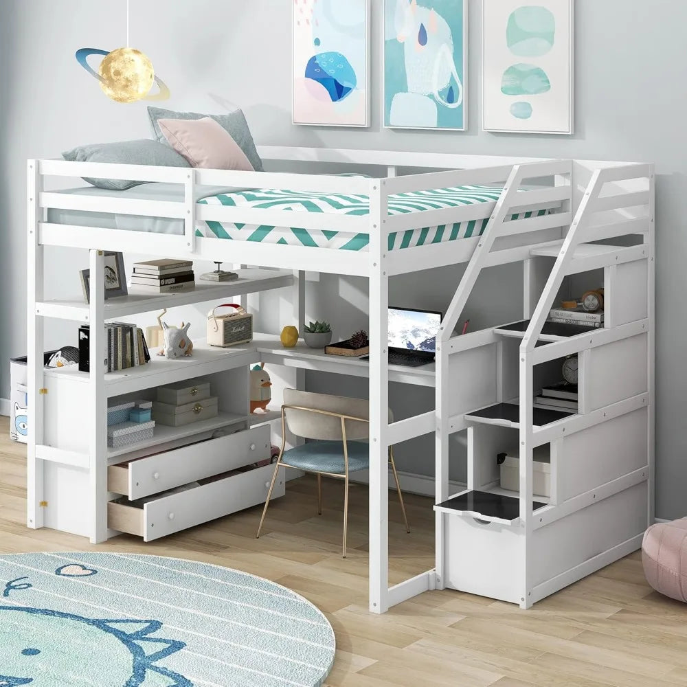 Harper & Bright Designs Full Size Loft Bed Frame with Stairs and Desk, Solid Wood Loft Bed with Storage Drawers and Bookshelf fo