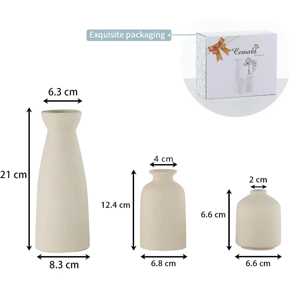 Beige ceramic vase set with a small vase decoration, modern bohemian farmhouse home décor