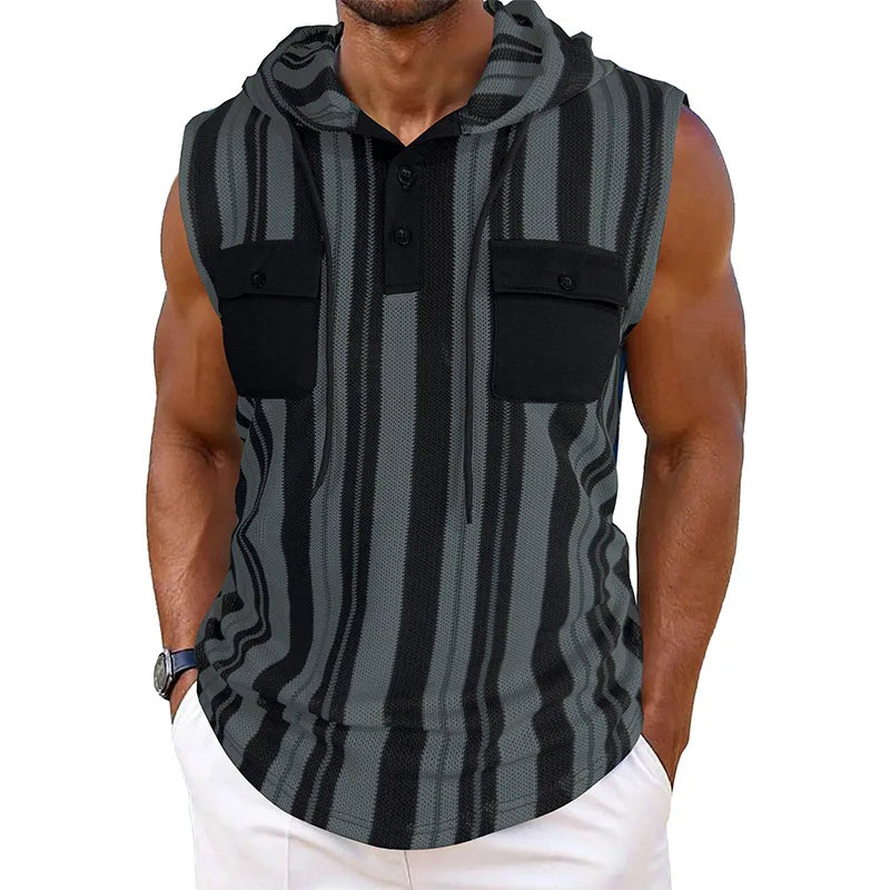 Men s Stylish Sleeveless Striped Tank Top with Hood and Drawstring Casual Button-Up Vest Featuring Pockets for Summer Wear