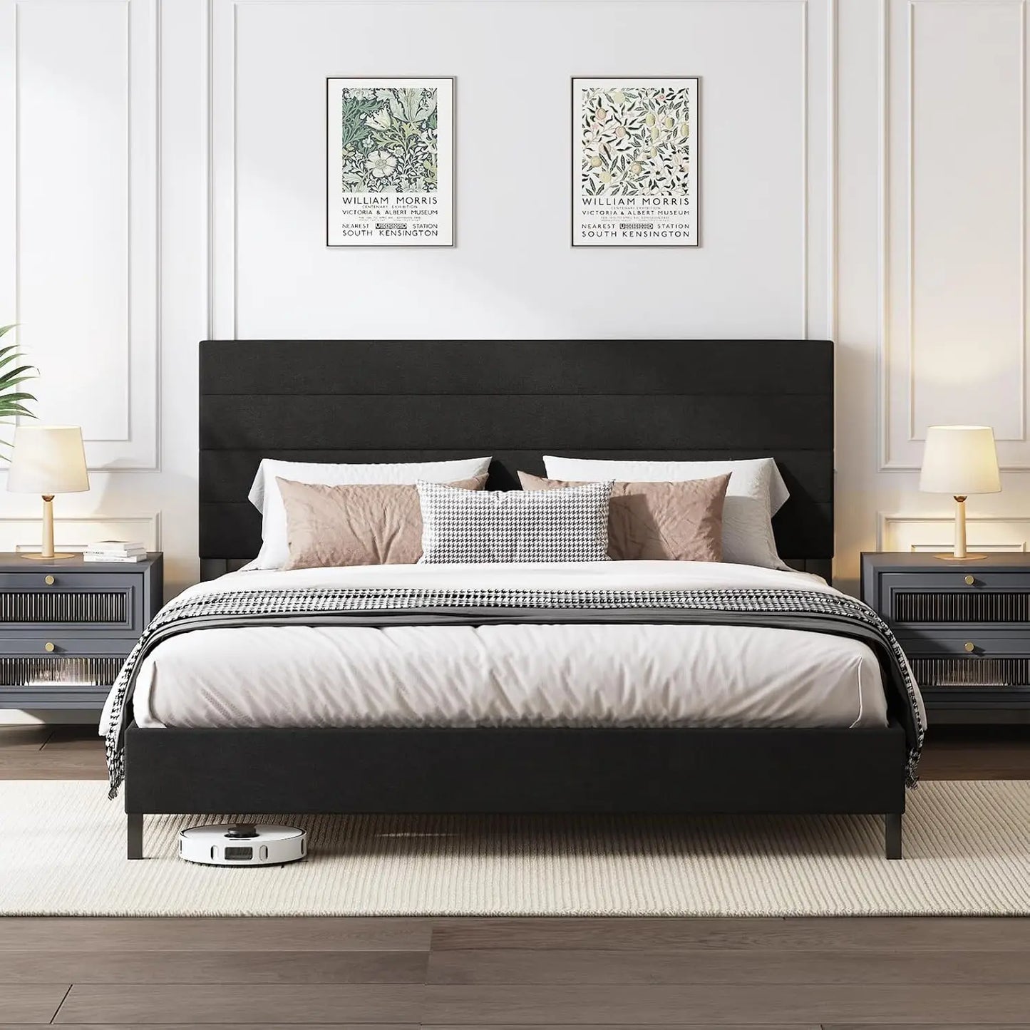 Bed Frame, Modern Upholstered Bed Frame King with Adjustable Linen Headboard, Wooden Slats Support Platform