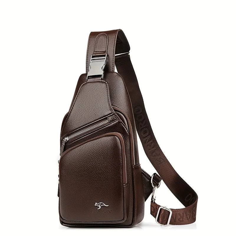 Men’s Vintage PU Leather Sling Bag – Large Capacity Crossbody Chest Bag with Multi-Pockets, Secure Buckle Closure – Stylish Comm