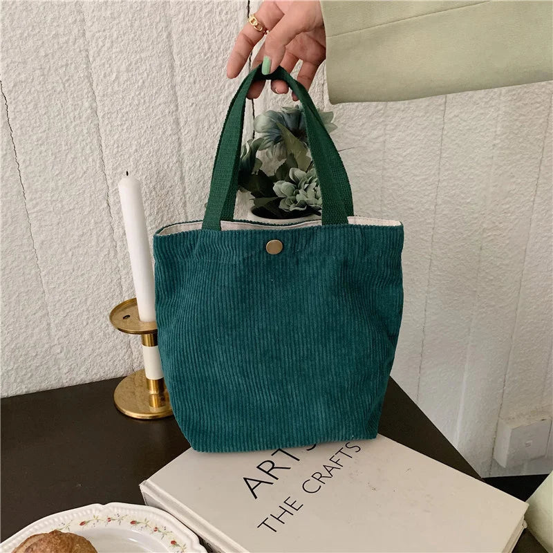 Cute Corduroy Shopper Tote Bag Woman Girls Lady Travel Shopping Cloth Handbags Lunch Bag Small Portable Hand Pouch Bag Organizer