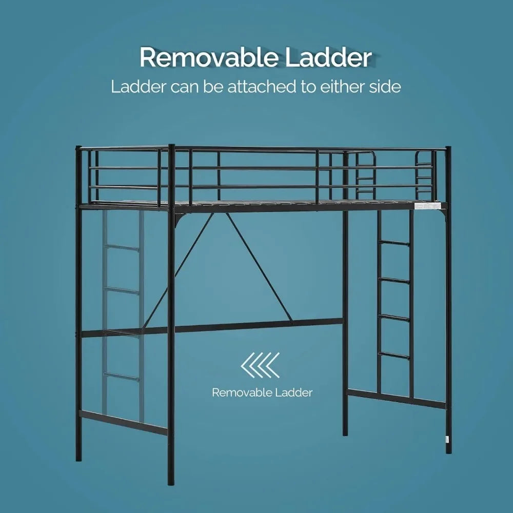 Flat Ladder Rung for Kids Teens Adults Heavy Duty Metal Single Bunk Bed Loft with Safety Guard Rails for Small Space