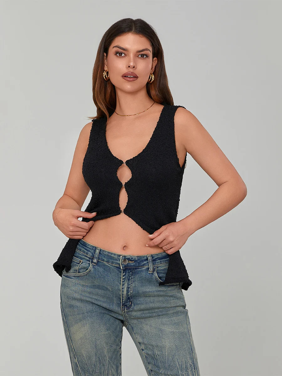 Women Knit Vests Solid Color V-Neck Sleeveless Hollow-Out Front Sweater Vests Pullovers Casual Tank Tops Streetwear