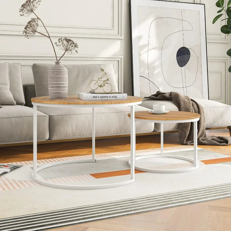 Industrial Round Coffee Table Set of 2 End Table for Living Room,Home Office,Stacking Side Tables,Wood Look Accent Furniture