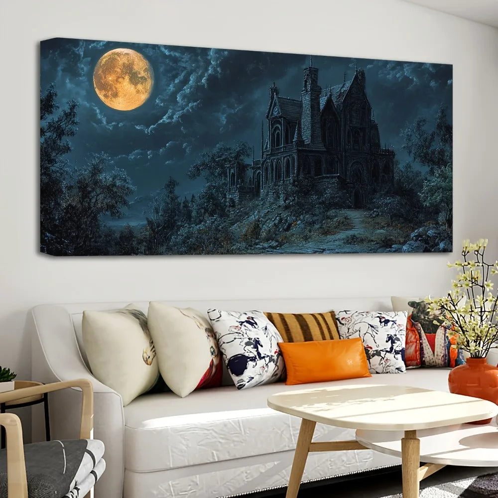 1.5 inch thick pine solid wood frame, Halloween horror old house canvas art - home decor wall art