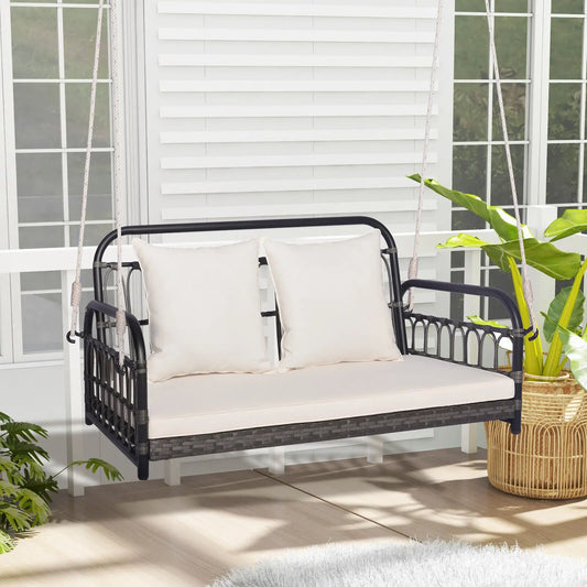 GOFLAME Hanging Swing Bench 2-Person Patio Wicker Swing Chair w/ Cushions-White