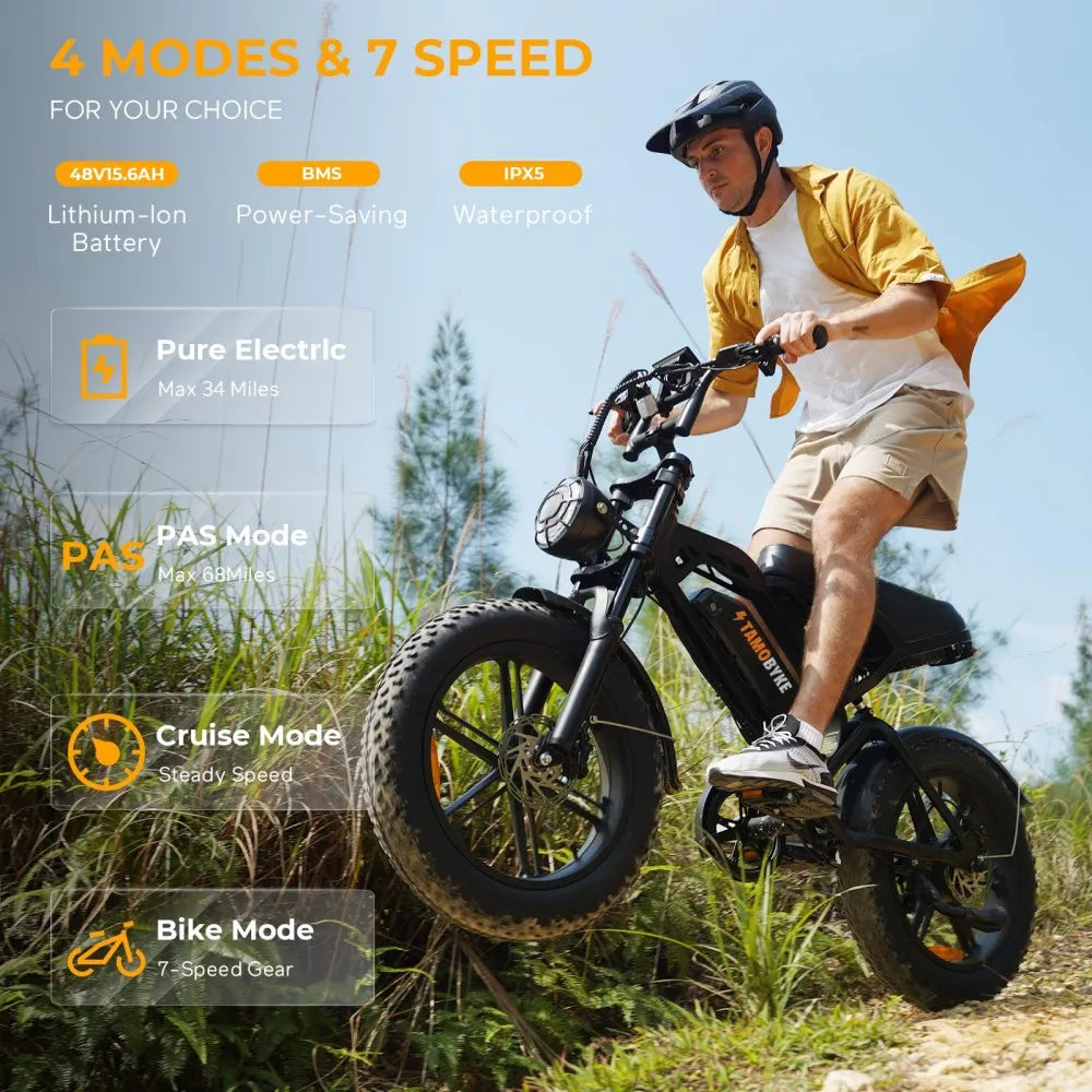 TAMOBYKE V20 Off-road Adult Electric Bike with 1500W Motor 31.5MPH 48V18.2Ah Battery, 60-Mile Range, All-terrain Performance