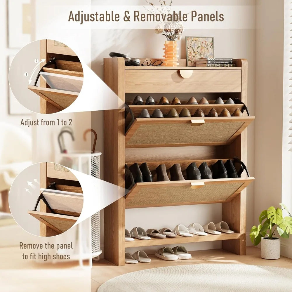 Rattan Storage Cabinet, Shoe Organizer with 2 Flip Drawers, Narrow Shoe Cabinet, Free Standing Hidden Shoe Storage