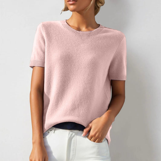 Elegant Solid Color Women Sweater Short Sleeve Knitted Sweater Round Neck Knitwears Pullover Tops