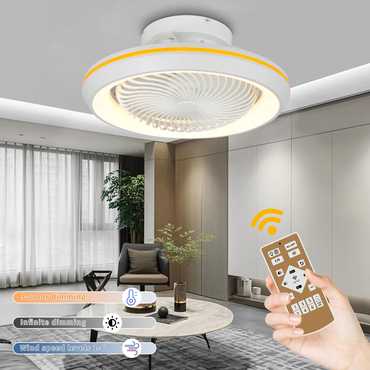 20"49cm Ceiling Fan Led Light 360° Degree Rotating Electric Circulite Sealing Fan 3CCT RC Lighing Modern Flush Mount For Bedroom