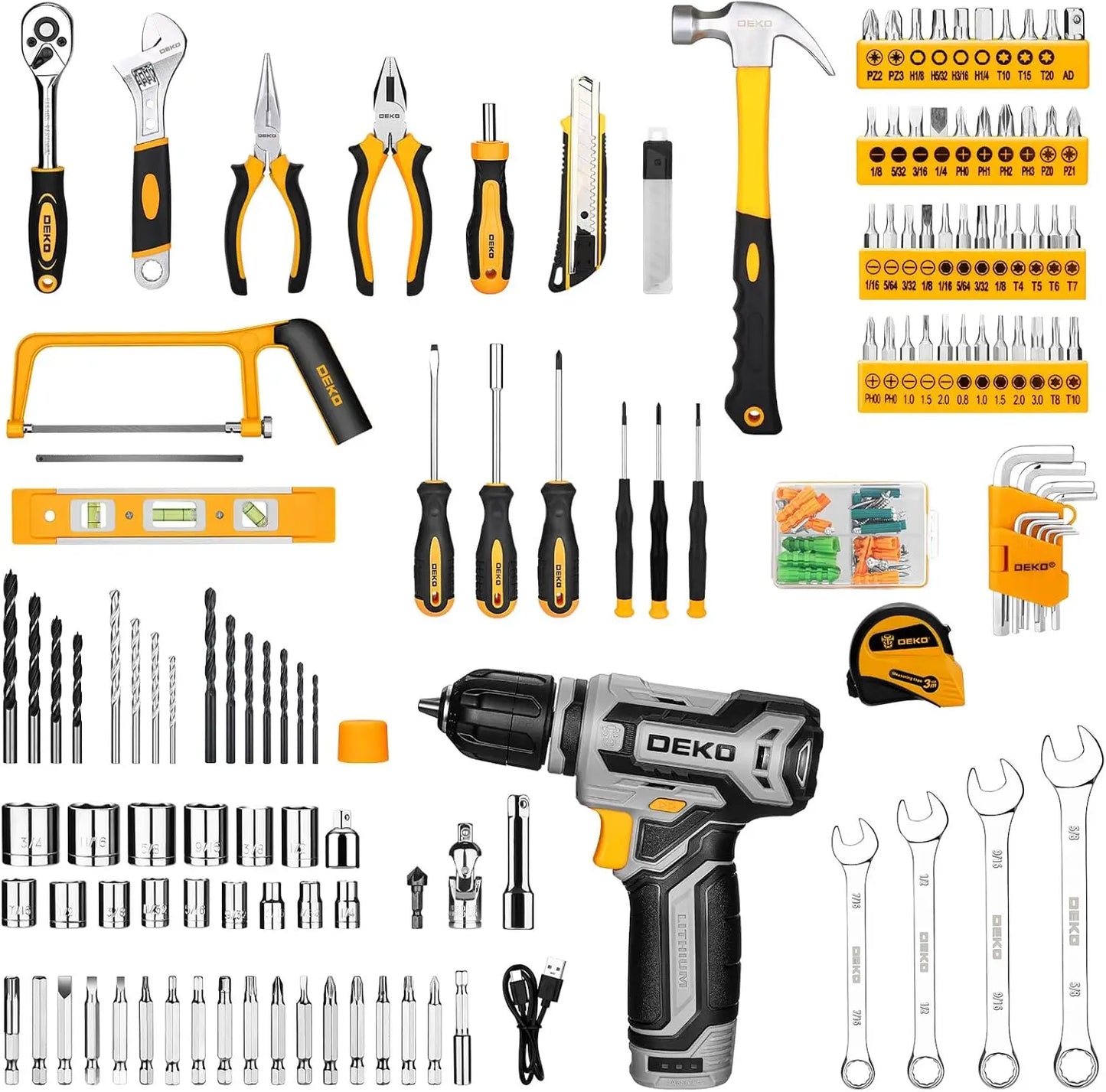 DEKO Home Mechanic Toolbox with 12V Power Cordless Drill Hand Repair Tools Sets Combo Kits Storage Organizer Drawer Case