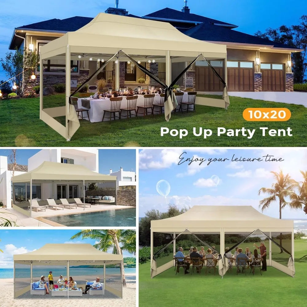 10x20 Heavy Duty Pop Up Canopy Tent with 6 Sidewalls, Commercial Gazebo Party Tent with Mosquito Netting Wall Easy Set Up Outdo