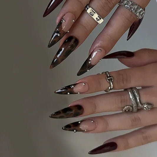 24Pc Leopard Print French False Nails Long Stiletto Press on Nails with Steel Ball Fake Nail Sweet Cool Detachable Nail Tips Art