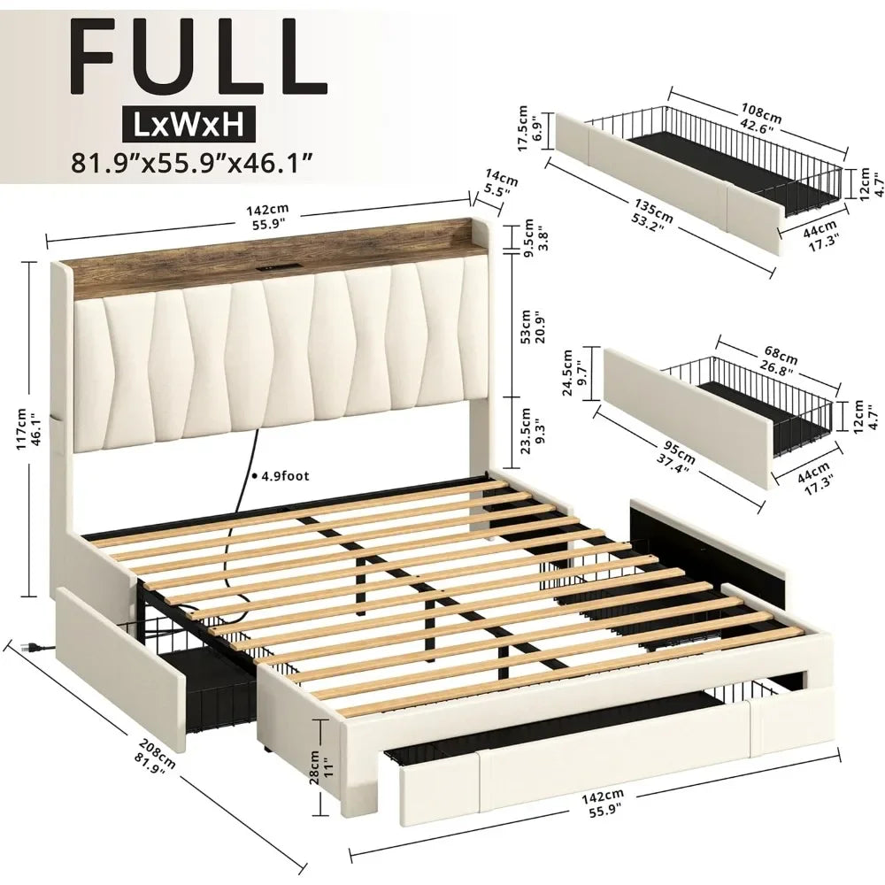 Full Size Bed Frame with 3 Drawers, Upholstered Platform Bed with Storage Headboard and Charging Station, No Box Spring
