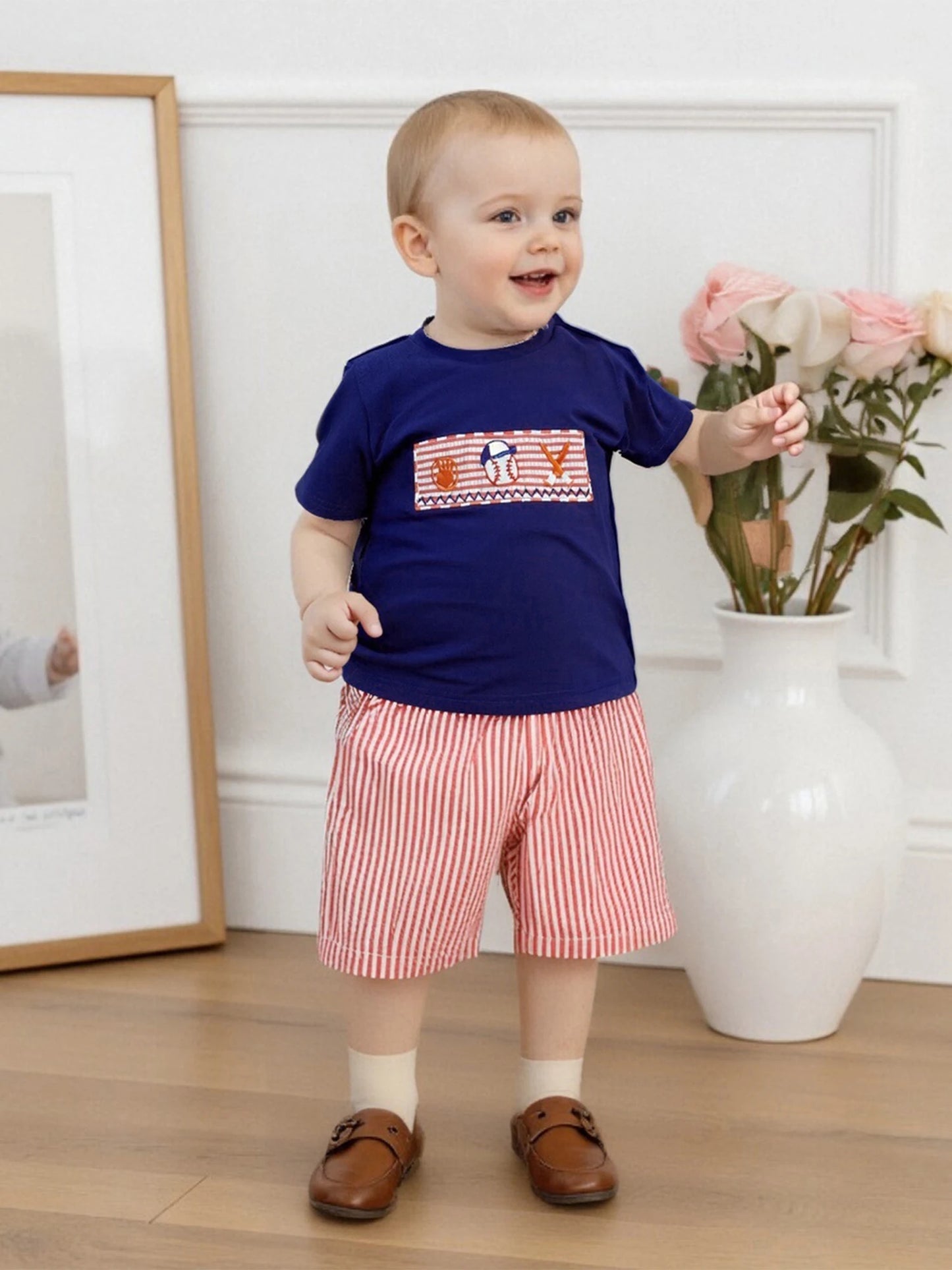 Toddler Boys Casual Outfits Striped Short Sleeves T-Shirt and Denim Shorts Set for 2 Piece Summer Clothes Set with Embroidery
