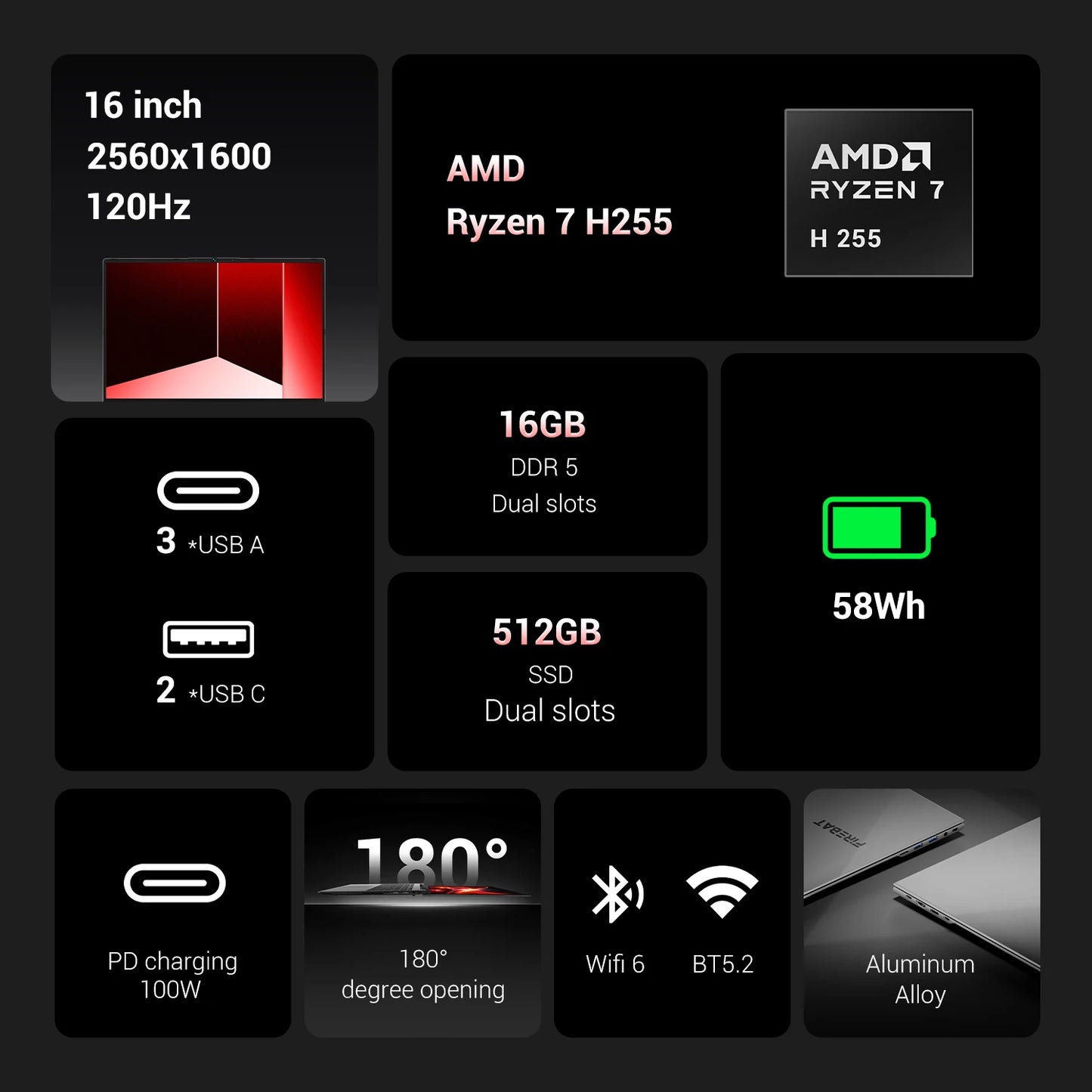 FIREBAT U6B 16 Inch Laptop Ryzen7 H255 CPU DDR5 16GB RAM 512GB ROM 2.5K 120Hz Windows11 Wifi6 BT5.2 Gamer Bussiness Notebook