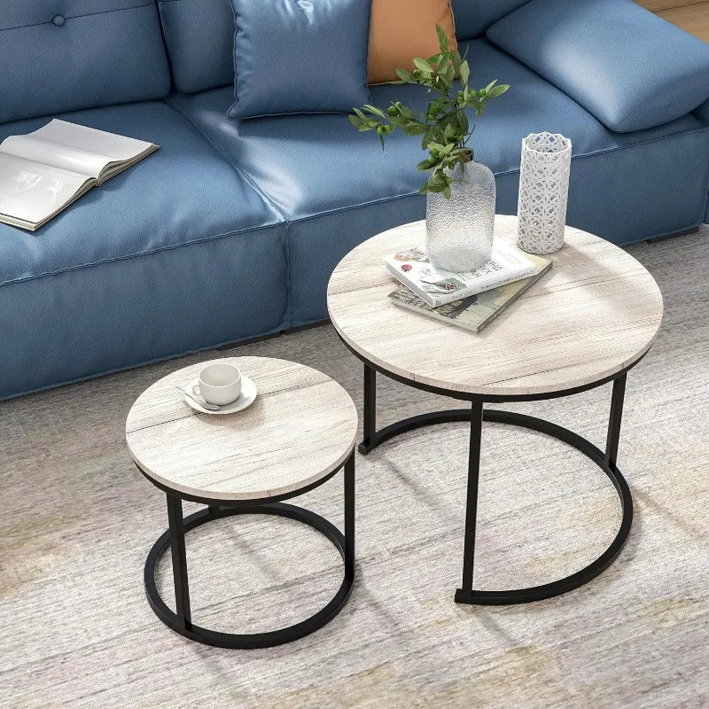 Industrial Round Coffee Table Set of 2 End Table for Living Room,Home Office,Stacking Side Tables,Wood Look Accent Furniture