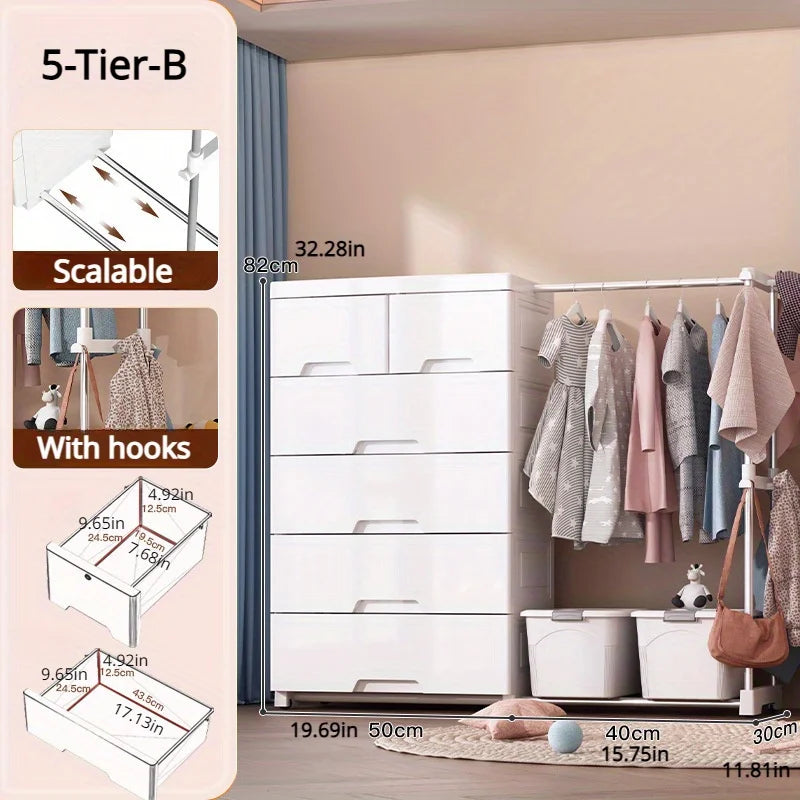 5/6-Tier White Wardrobe with Extendable Hanger - Large Space & Partitioned Storage Wardrobe for Bedroom, Dormitorie