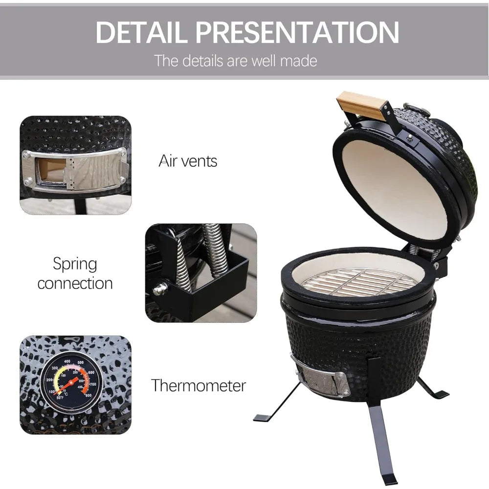 3" Ceramic Mini BBQ Grill Smoker Egg Charcoal Cooking Oven, Portable Oven and Smoker with Stand (Black)