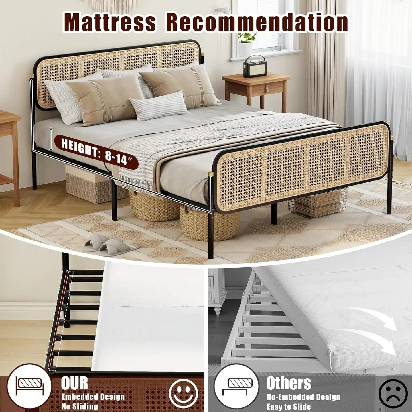 Rattan Bed Frame Queen Size with Headboard, Boho Bed Frame, Queen Bed Frame with Strong Metal Slats Support, Easy Assembly