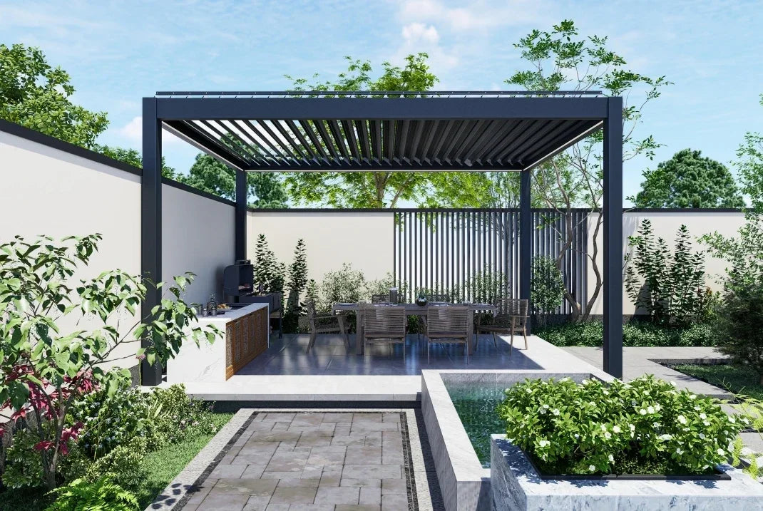 Patio Gazebo with LED Light Opening Louvered Garden Pergola Top Cover Awnings Automatic Retractable Aluminum Outdoor Pergolas