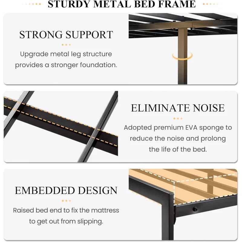King Size Bed Frame Upholstered Headboard,Platform Bed with Metal Slats,Button Tufted Square Stitched Headboard,Grey