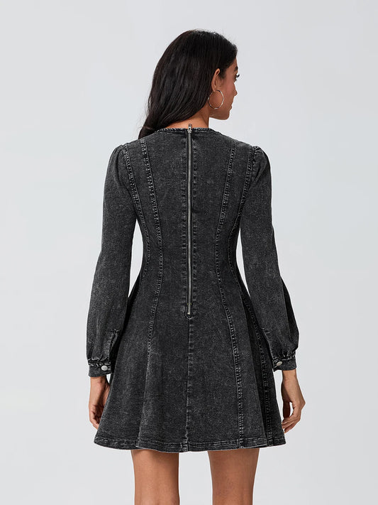 Elegant Women s Fall Denim Dress with Long Sleeves O Neck and Smocked Waist - Stylish A-line Mini Dress in Solid Color