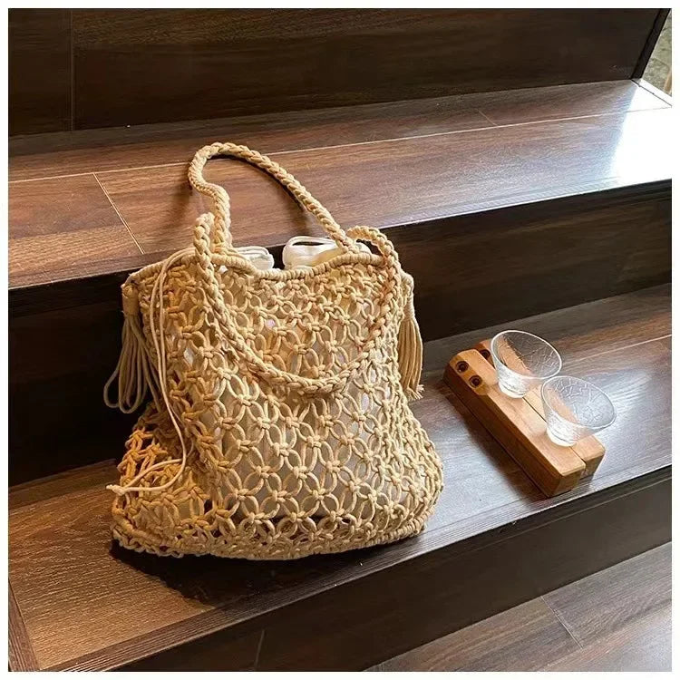 Fashion Handmade Woven Bag Tassel Accessories Summer Woven Solid Color Shoulder Bag Large Tote Bag