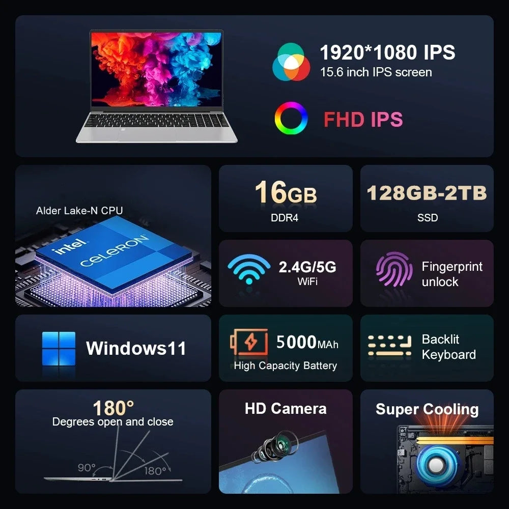 AKPAD 15.6" Laptop Computer Intel Celeron N5095 Notebook PC 8G Ram 128GB 256GB 512G SSD Office Study PC Windows 11 1080P Laptops
