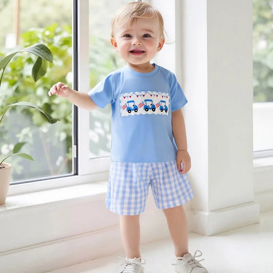 Infant Boy Independence Day Apparel Set with Short Sleeve Tee and Embroidered Shorts - Patriotic Toddler Outfit for 4th of July