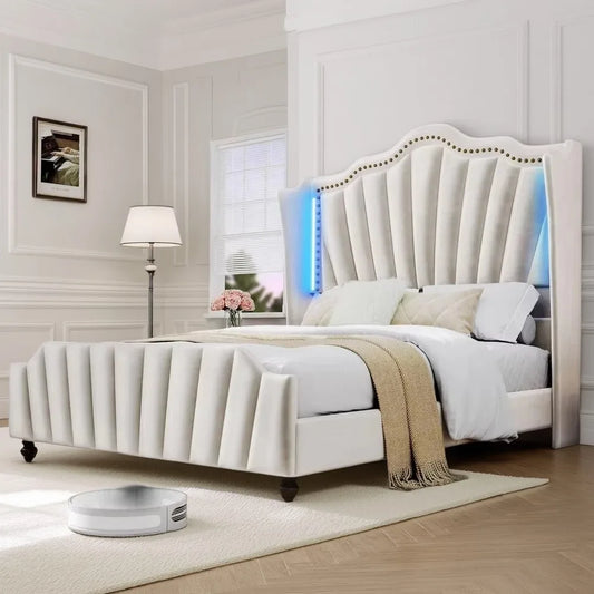 YITAHOME Queen Size Platform Bed Frame with 60" Tall Wingback Headboard and Footboard, Velvet Upholstered Bed with LED Light, So