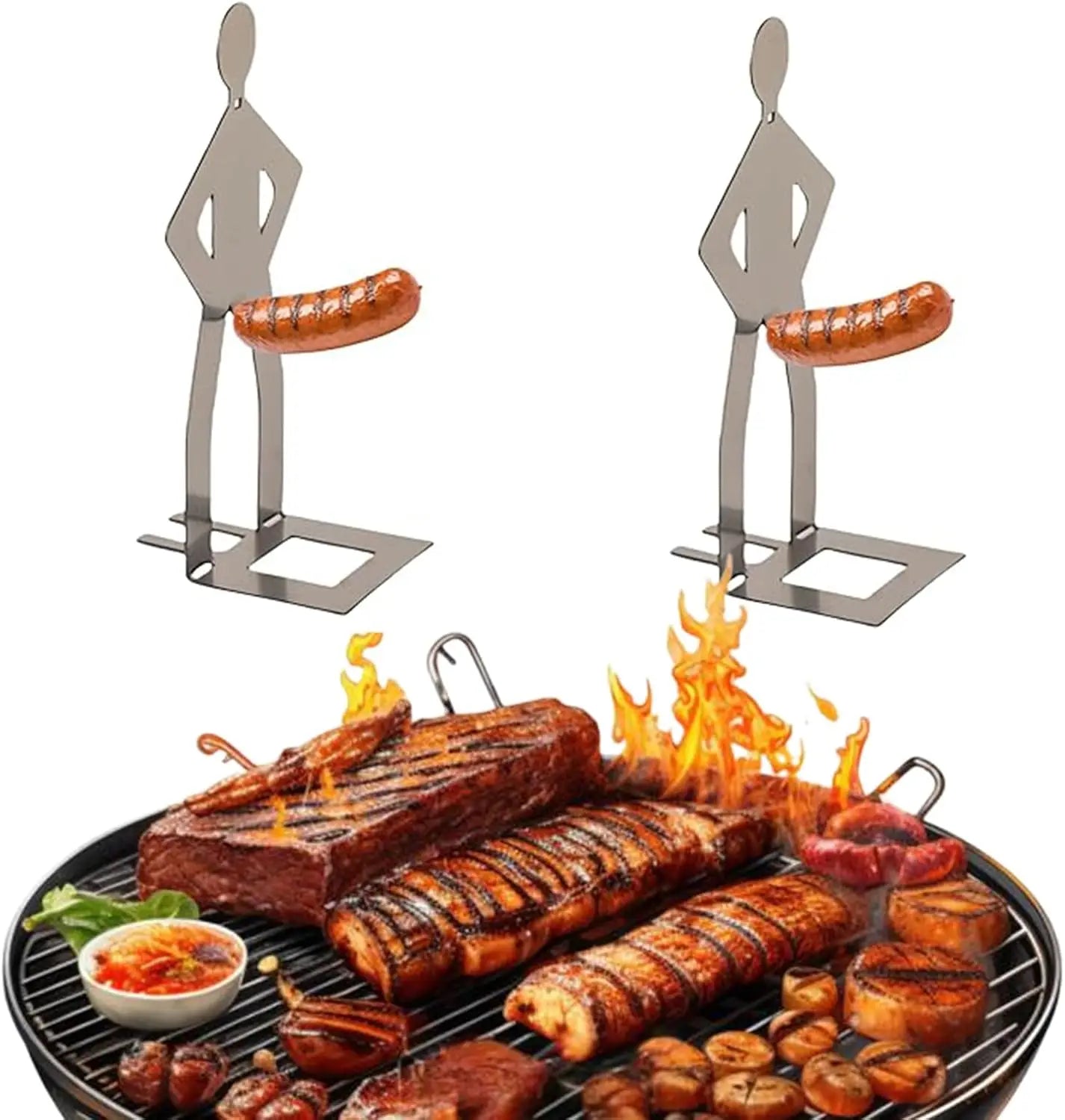 4 PCS Hot Dog Sausage Stand Holder Standing Man Sausage Barbecue Rack Reusable Stainless Steel Hotdog and Sausage Stand
