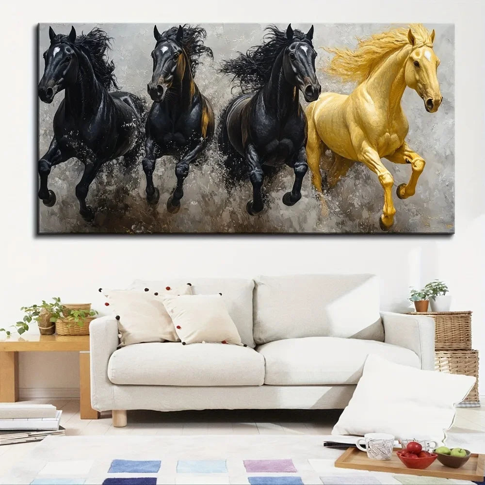 Elegant 1.5 "thick pine frame canvas art - Majestic Eight running horses oil painting, modern American decorative style