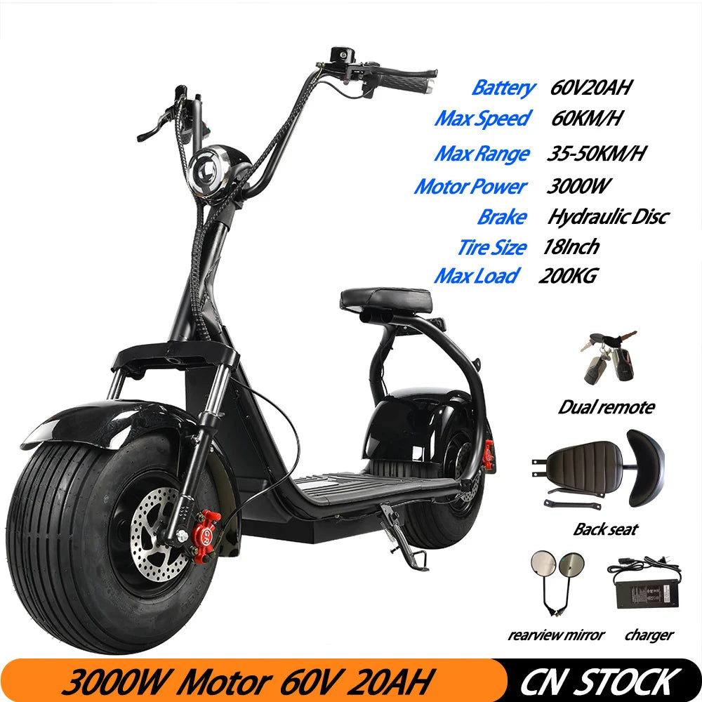 3000W Motor E Scooters Motorcycle Max Speed 45 KM/H 18 Inch Fat Tire  60V20AH Max Load 200KG Adult Electric 2 Wheel Scooter