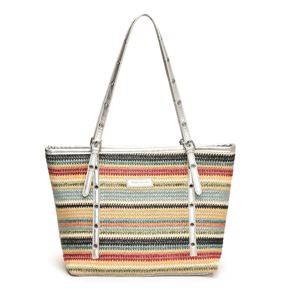 Women Color Straw Tote Handbag Large Capacity Weaving Travel Bag Patchwork Simple Shoulder Bag Ladies Summer Daily Bag