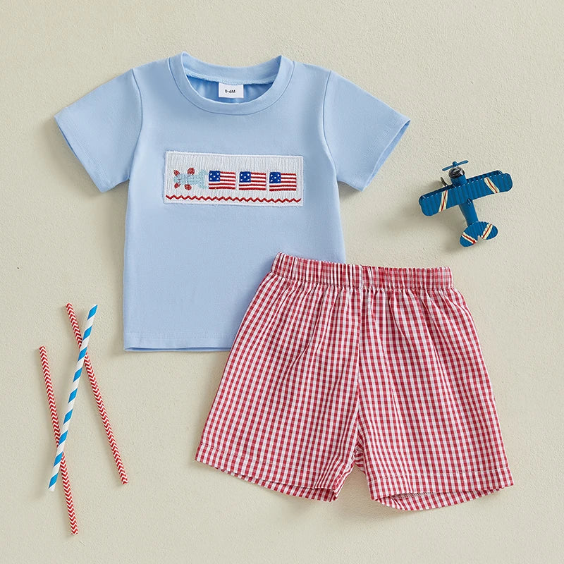 Boys Fourth of July Clothing Set with American Flag Embroidery Round Neck Tee and Elastic Waist Shorts for Independence Day