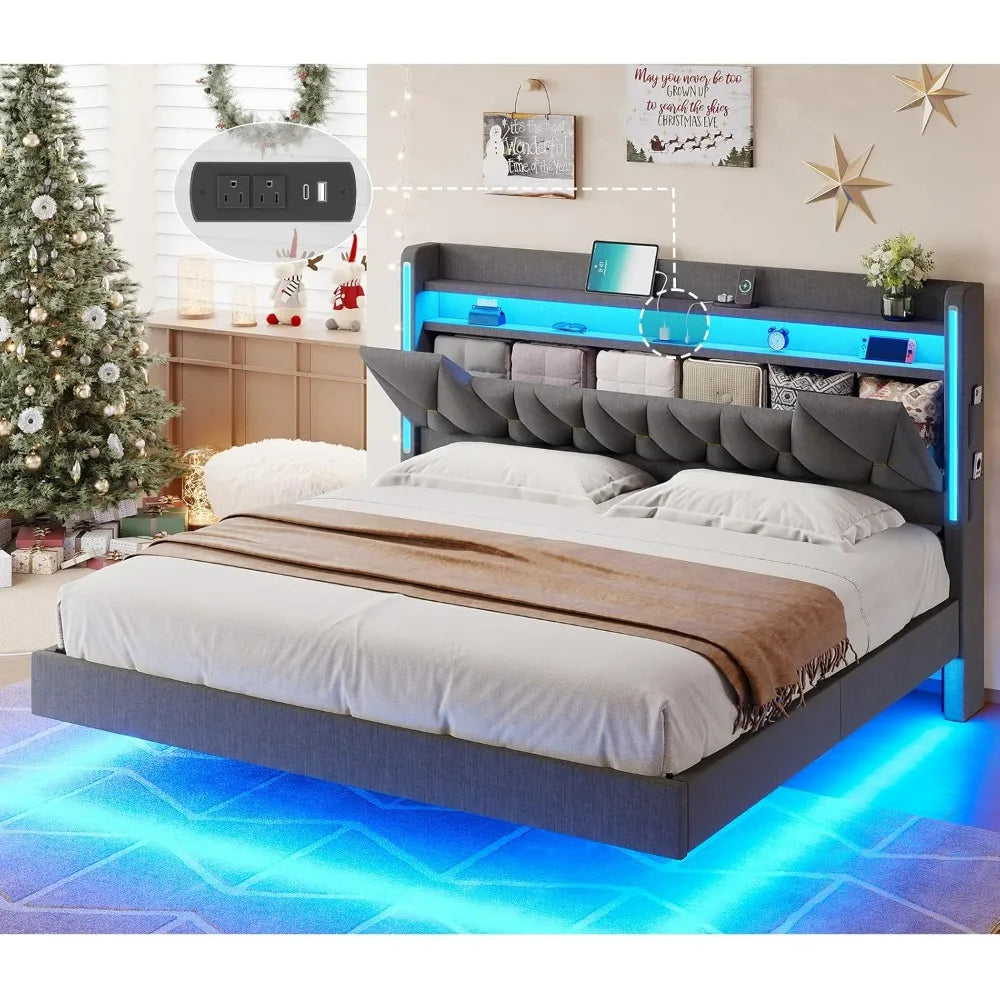 Floating Bed Frame King Size with Hidden Storage Space and Headboard, LED Lights & Charging Station, Platform Floating King Bed