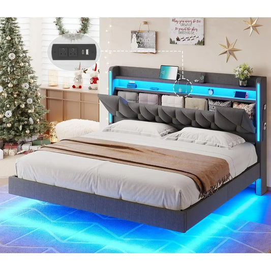 Floating Bed Frame King Size with Hidden Storage Space and Headboard, LED Lights & Charging Station, Platform Floating King Bed