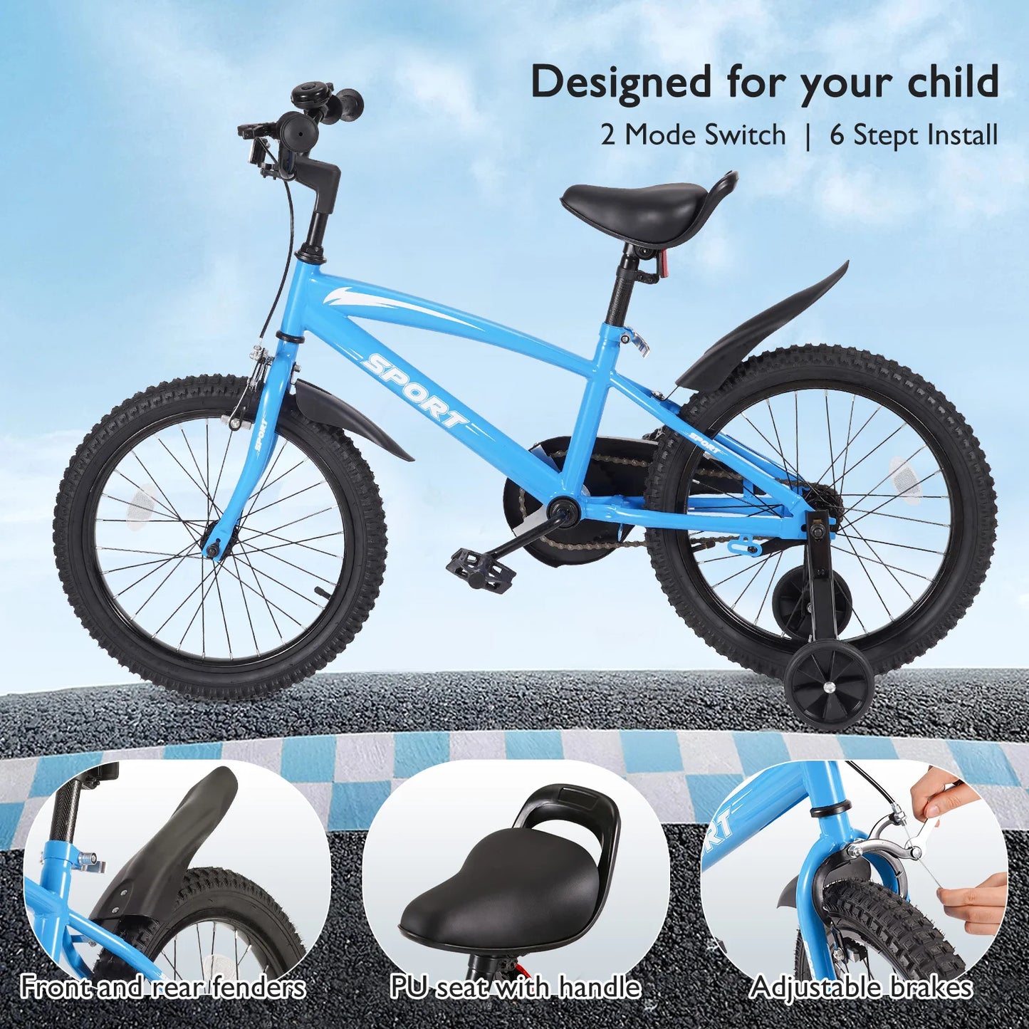 18" Kids Bike Girls and Boys Blue Bicycles with Removable Training Wheels for Age 5-10 Years Old
