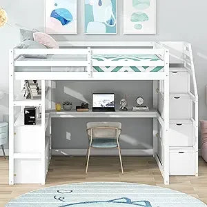 Harper & Bright Designs Full Size Loft Bed Frame with Stairs and Desk, Solid Wood Loft Bed with Storage Drawers and Bookshelf fo