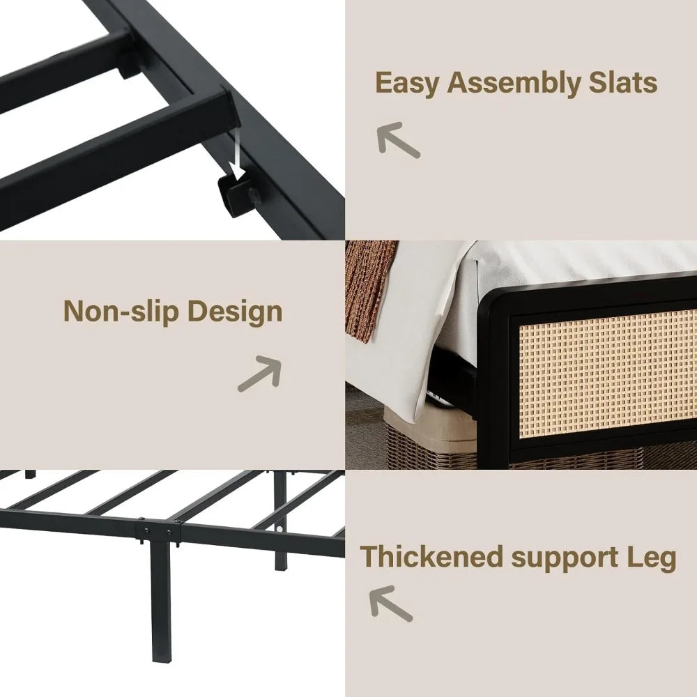 Rattan  Frame Full, Boho Frame with Headboard, Metal Platform Bed Frame, Rattan Beds Frames with Steel Slats Support
