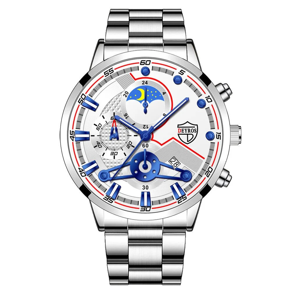 Reloj Hombre Men's Luxury 3-Piece Business Watches Mens Full Calendar Leisure Sports Watch Men Stainless Steel Quartz WishWatch