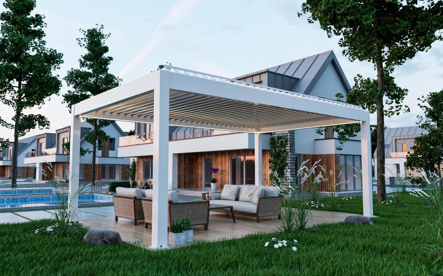 Patio Gazebo with LED Light Opening Louvered Garden Pergola Top Cover Awnings Automatic Retractable Aluminum Outdoor Pergolas