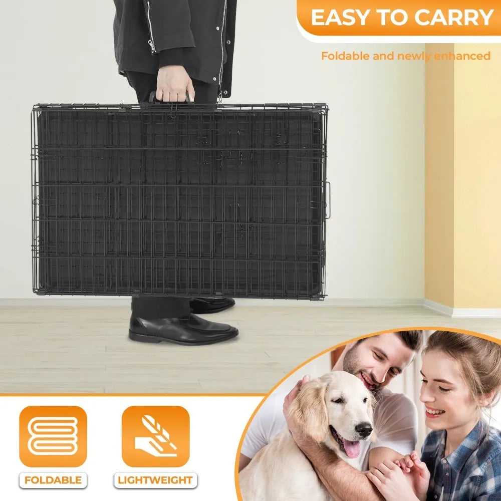 Large Dog Crate Kennel for Medium Large Dogs Metal Dog Cage Double-Door Folding Travel Indoor Outdoor Puppy Playpen