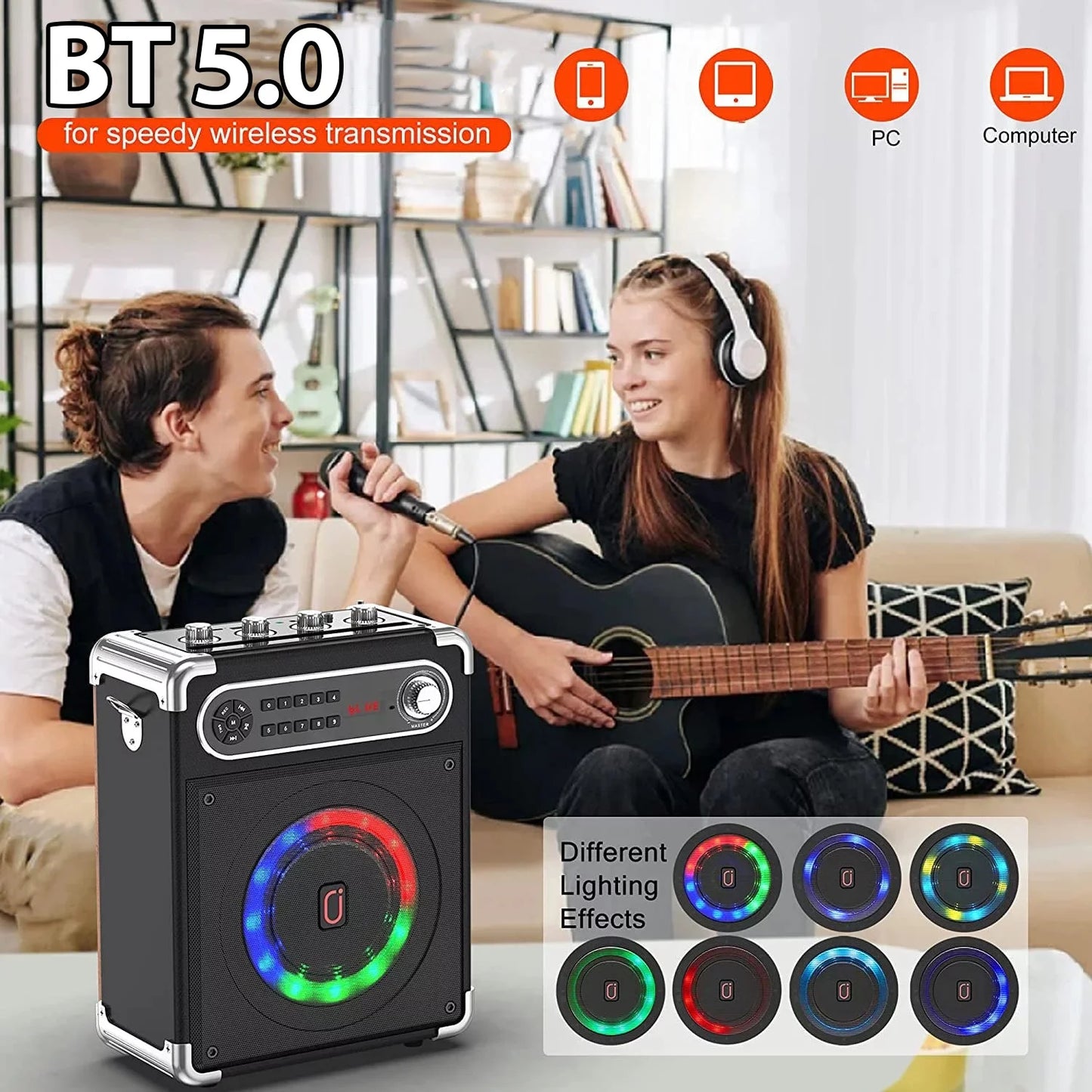 FanFun Wireless Outdoor Speaker, Portable Speaker with Microphone, Colorful DJ Light, Dual Microphone Jacks, TF Card Compatible