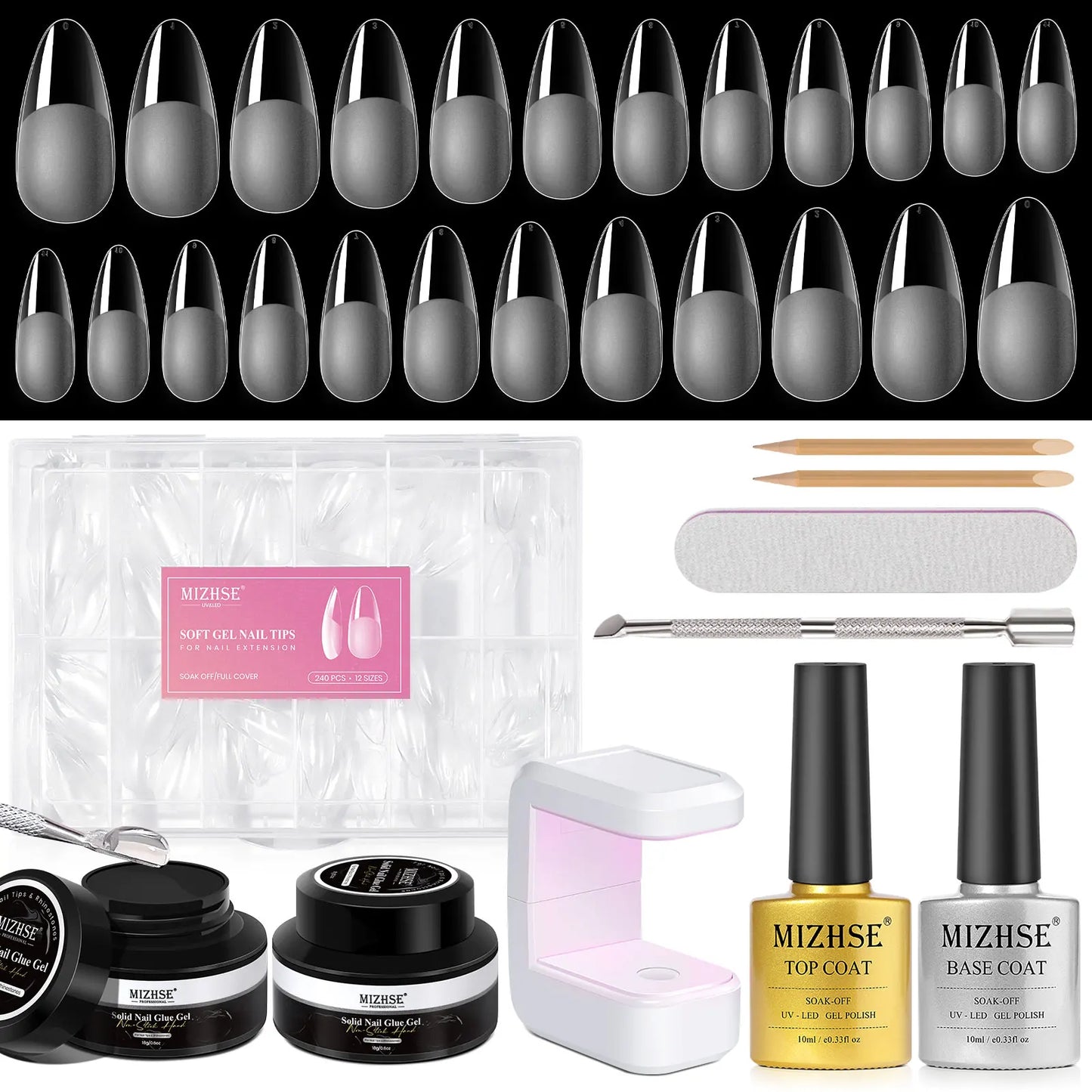 MIZHSE Solid Nail Glue Gel Set 3-in-1 Builder Gel with UV LED Lamp, Base & Top Coat, Nail Tips – Professional Manicure Kit Gifts