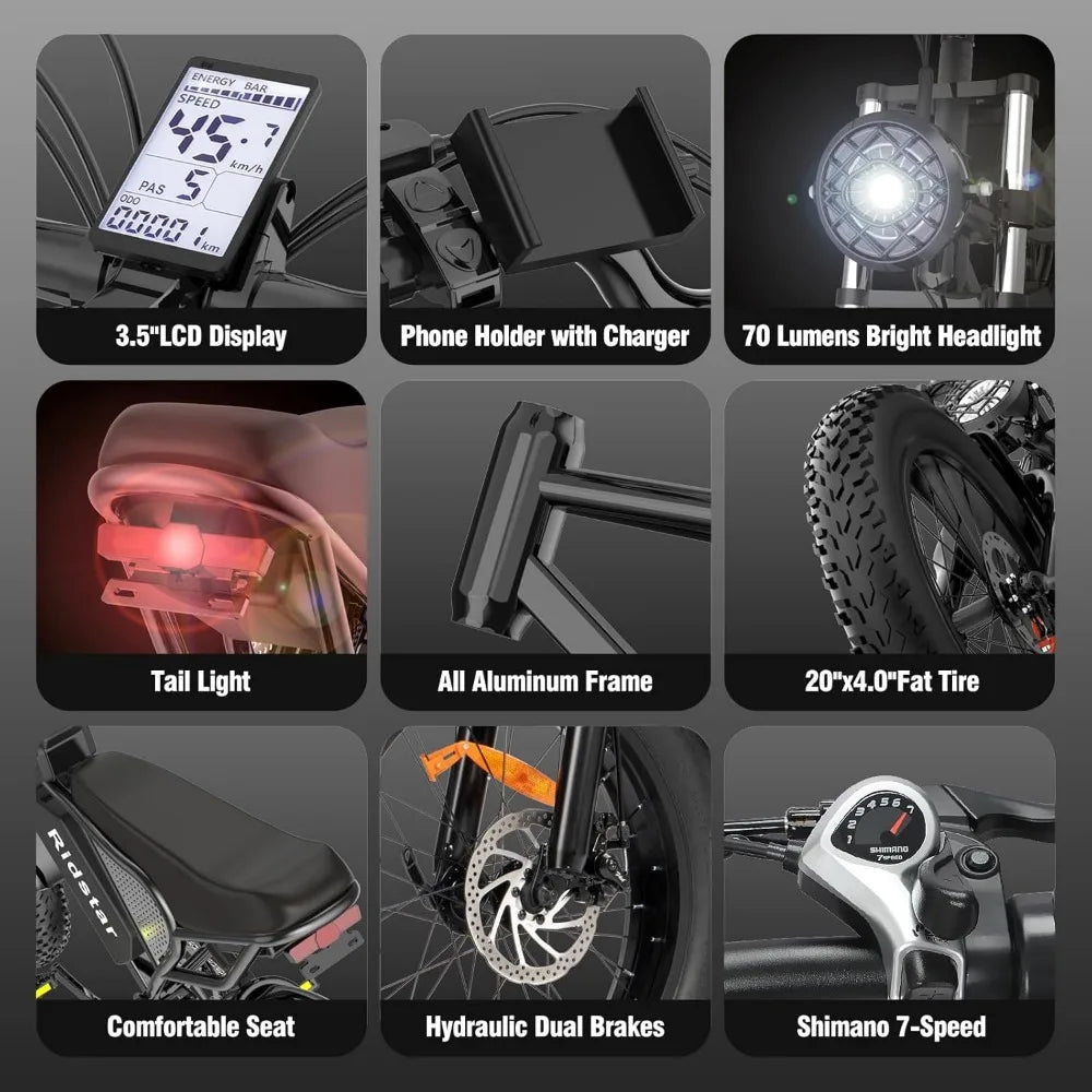 Electric Bike, 2000/1500W, 37/30MPH,52V 40AH,48V/20AH E-Bike, 30-180 Miles Electric Motorcycle, 20" Fat Tire Dirt Bikes