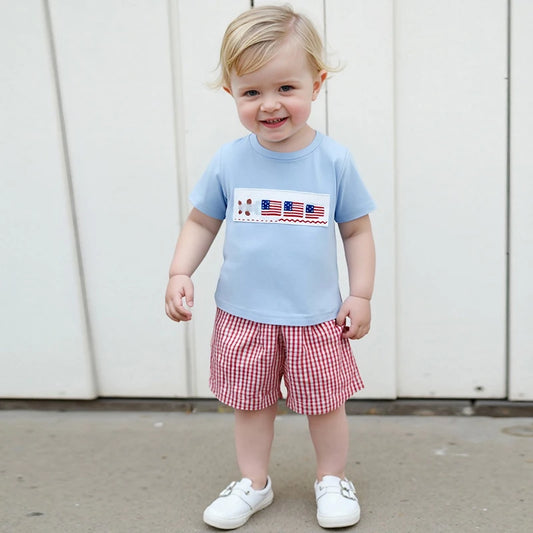 Boys Fourth of July Clothing Set with American Flag Embroidery Round Neck Tee and Elastic Waist Shorts for Independence Day