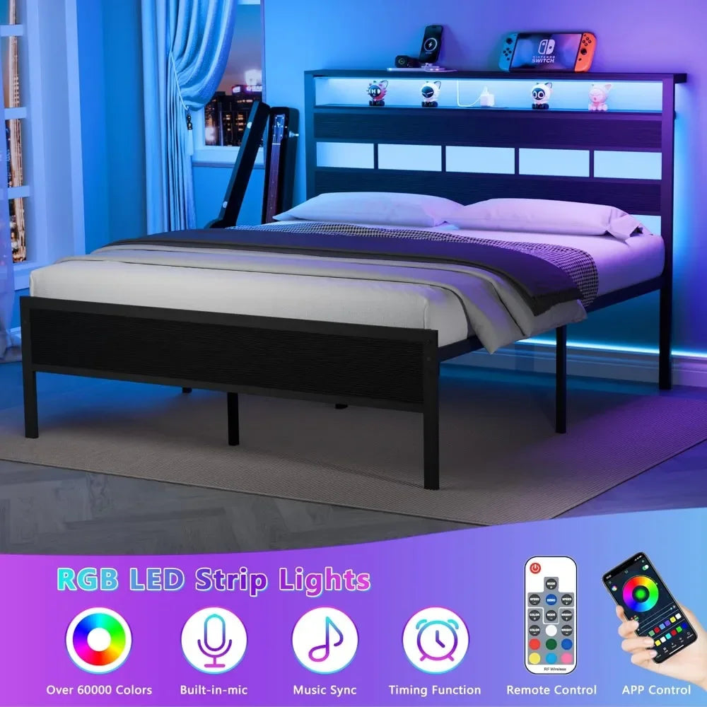 Queen Size Bed Frame with Storage Headboard and LED Lights Metal Bedframe with Charging Station Platform Bed